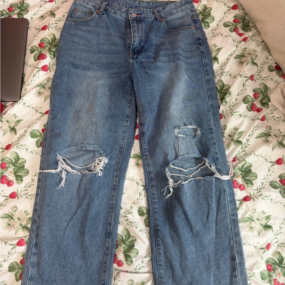 SHEIN Blue Distressed Boyfriend Jeans